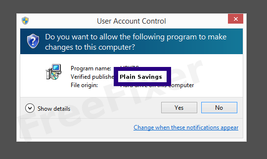 Screenshot where Plain Savings appears as the verified publisher in the UAC dialog